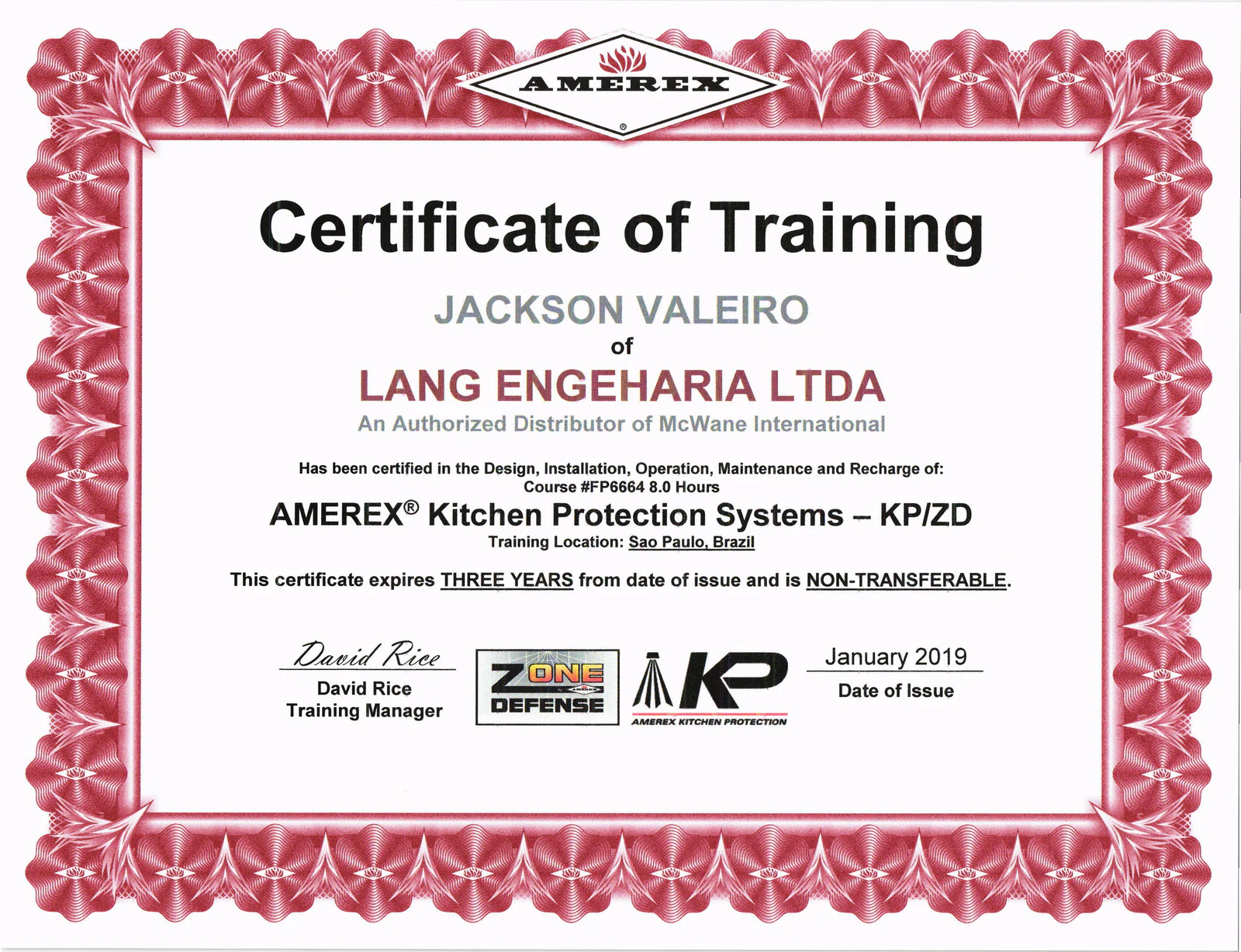 Certificado Amerex Kitchen Protection