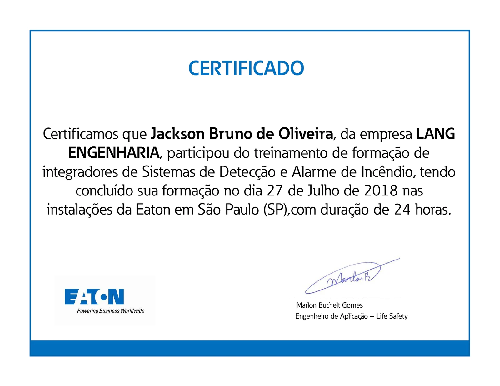 Certificado Eaton para integradores de sistemas de detec&ccedil;&atilde;o e alarme de inc&ecirc;ndio
