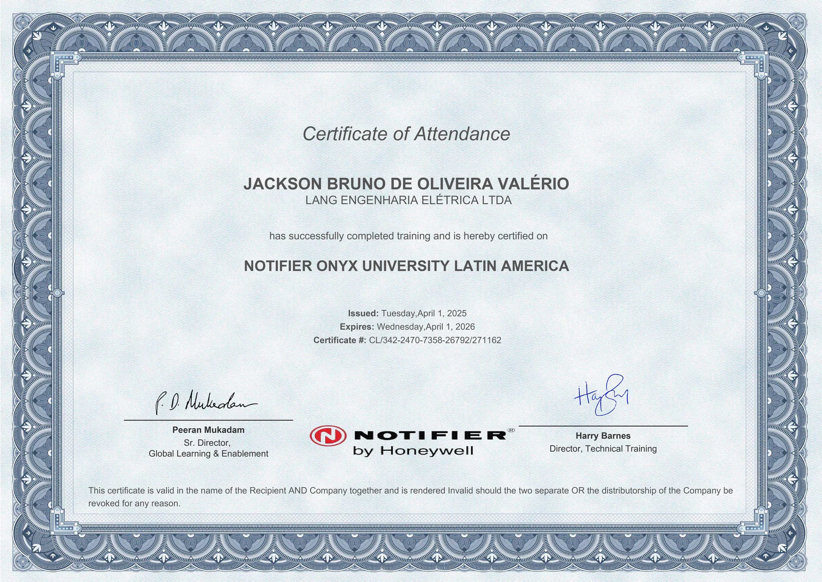 Certificado Honeywell Notifier Onyx University Latin America